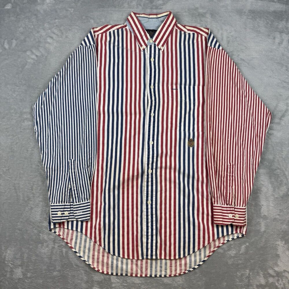 Vintage New River Striped Button Down Shirt Mens Large Red Blue Crest 90s Preppy